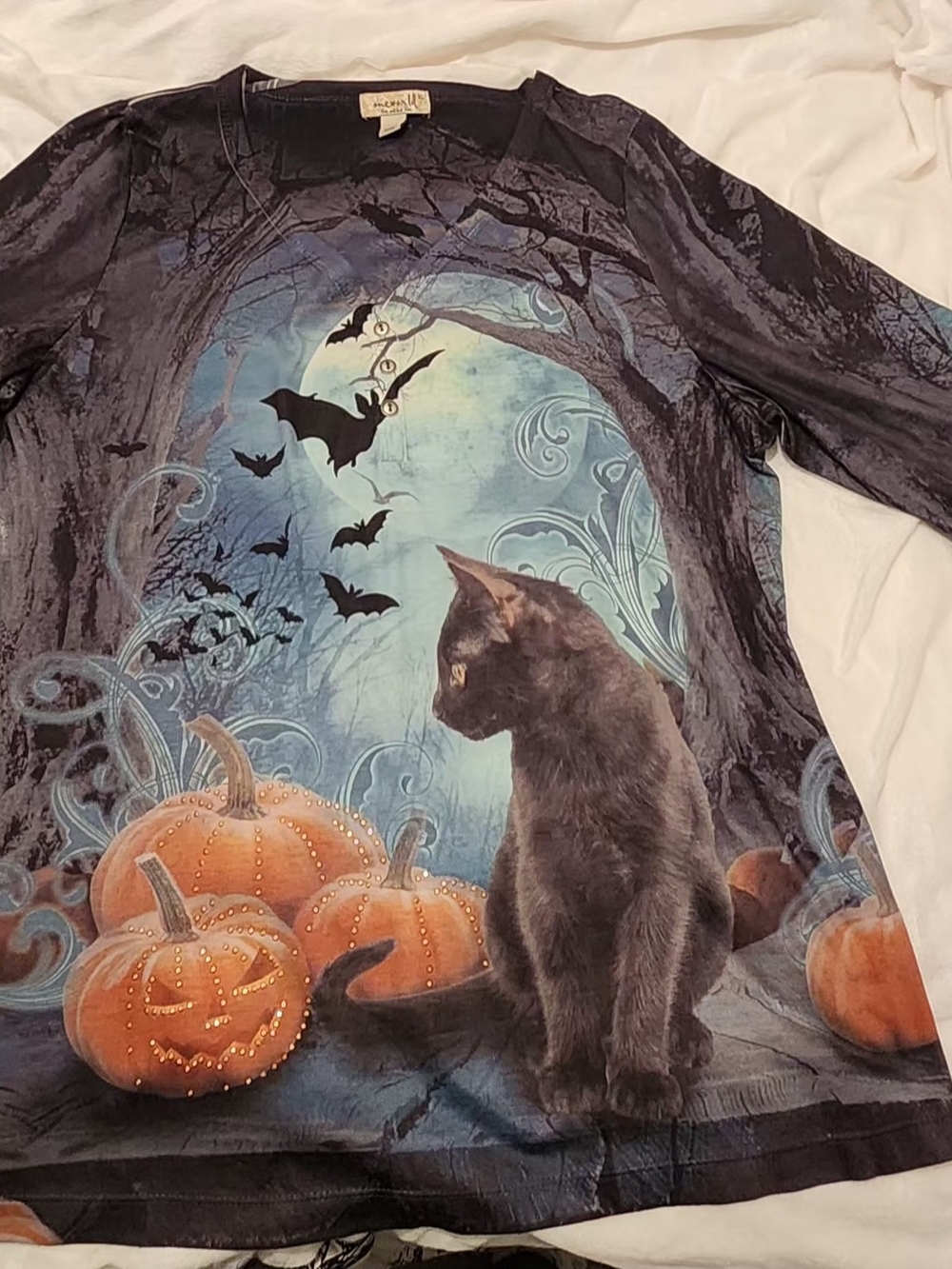 ONE WORLD Black Long-Sleeve Halloween Cat & Pumpkins Tee